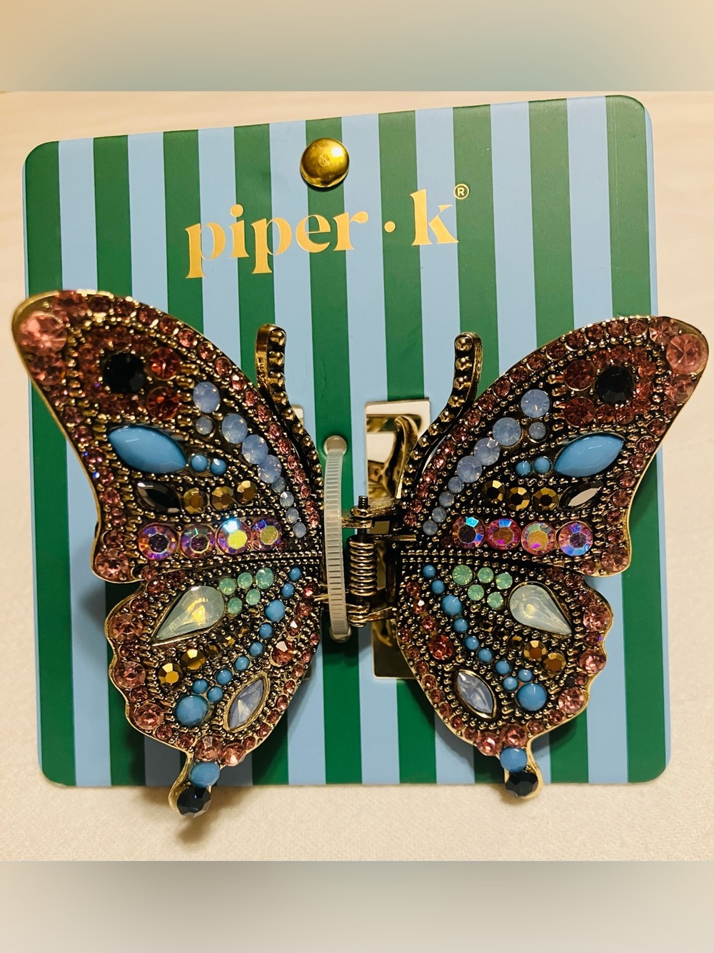 NWT Piper K Rhinestone Butterfly Claw Clip Bling Hair Accessory Jewel Pink Blue